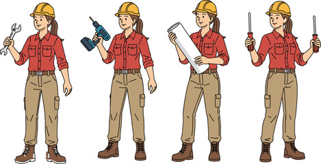 Construction worker holding tools in various poses wearing safety gear, hard hat, cargo pants, boots, and red shirt illustration