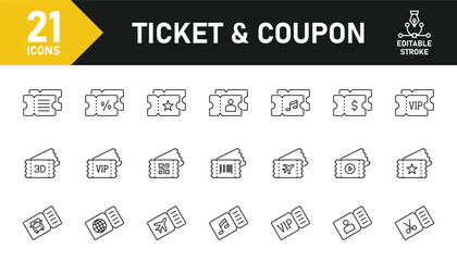 Ticket line icon set. Set of 21 outline icons related to ticket, coupon, discount, event, voucher, concert, movie and others. Editable stroke. Vector illustration.