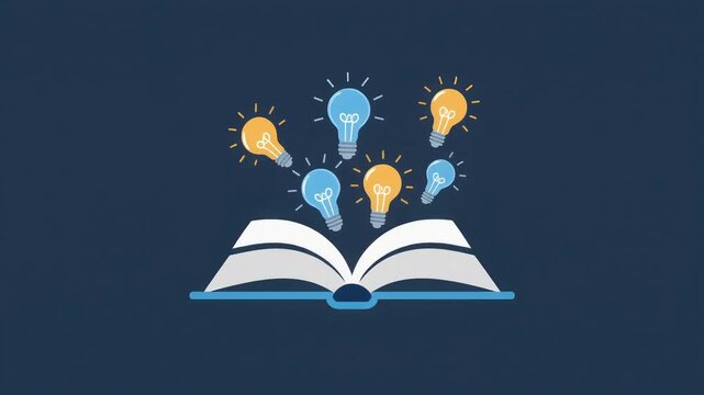 Open book icon with light bulbs flying out symbolizing knowledge and new ideas.