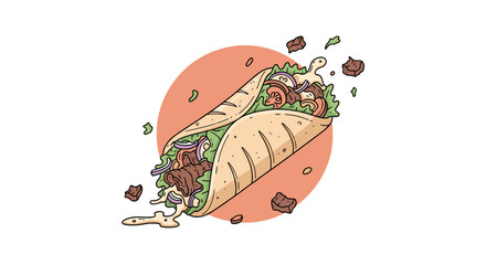 Delicious taco filled with meat and vegetables in colorful illustration  