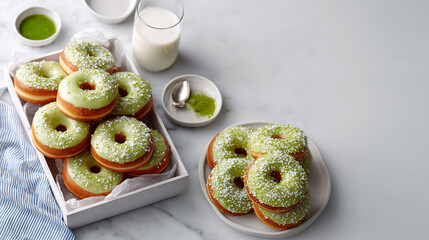Matcha Donut Delight: A visually appealing display of matcha donuts and a glass of milk on a light surface, showcasing a sweet treat and inviting culinary experience.