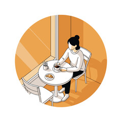 Woman sitting at a table in a cafe enjoying coffee and pastry  