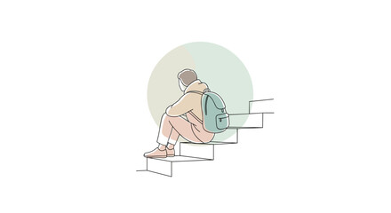 Young person sitting on stairs with backpack and reflecting peacefully  