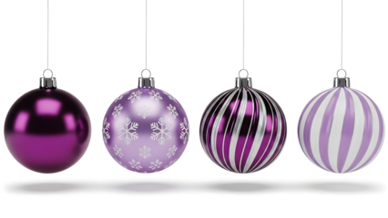 A collection of purple and white christmas ornaments hanging against a black background isolated on transparent background