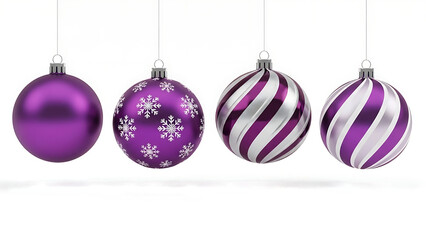 Collection of four purple christmas baubles with different patterns for holiday decoration isolated on transparent background