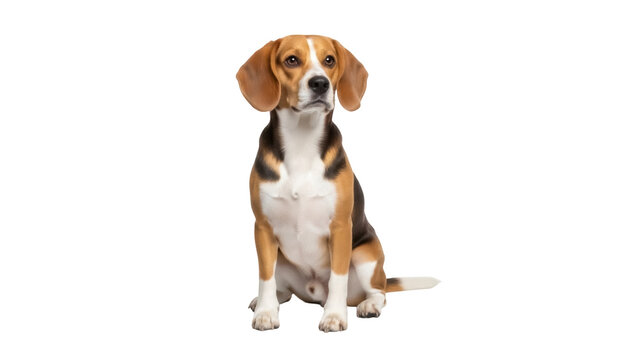 Isolated beagle dog sits alertly looking forward, tri-color coat and floppy ears, adorable pet