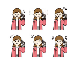 スマートフォンで通話する、様々な表情の20代・30代の女性の上半身ベクターイラスト素材セット＿カラー