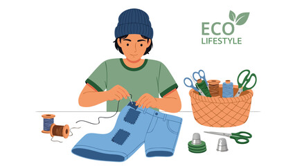 Person mending jeans with patches, promoting sustainable fashion and eco-friendly living practices