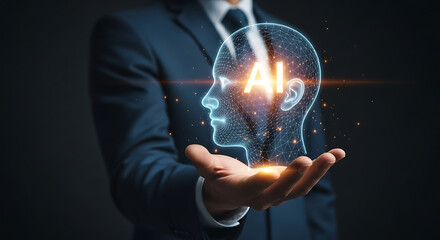 AI Future Technology Businessman Holds Digital Brain Concept Innovation Intelligence