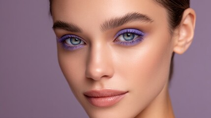 Fototapeta premium A woman's face is shown close-up, showcasing a soft, natural complexion enhanced with vibrant lilac makeup around her lovely, bright eyes