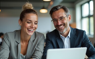 Two middle age business workers smiling happy and confident. Working together with smile on face using laptop at the office. High quality. High quality