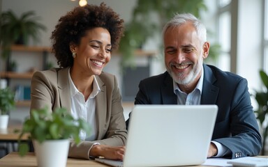 Two middle age business workers smiling happy and confident. Working together with smile on face using laptop at the office. High quality. High quality