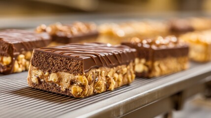 Rows of scrumptious chocolate bars, glistening with rich chocolate coating, sit proudly on a conveyor belt in a lively candy factory. The sweet aroma fills the air as workers oversee their production
