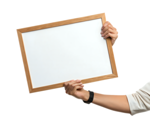 hand holding wooden frame ,isolated on transparent background png