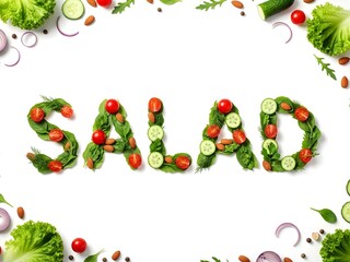 Fototapeta premium christmas frame with holly berries, Fresh Vegetable Salad Typography Made from Organic Greens on White Background