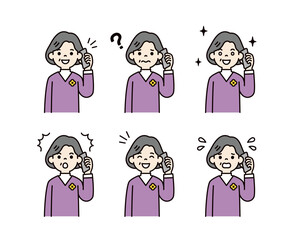 スマートフォンで通話する、様々な表情の60代・70代の女性の上半身ベクターイラスト素材セット＿カラー