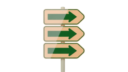 Isolated multiple arrow signs on a pole indicating right direction; navigation direction guide