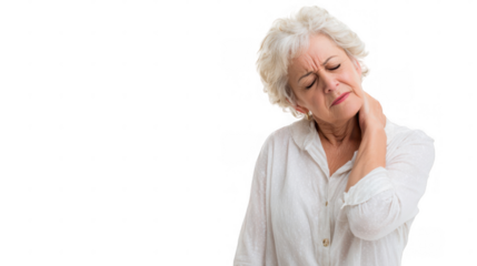 Senior woman experiencing a headache after waking up, holding her head in her hands while lying in bed, with a transparent background for easy compositing