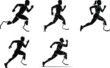 Adaptive Running Athlete Silhouette Set | Paralympic Sports Icons, Amputee Sprinting Silhouette Collection | Inclusive Sports Vector I | Paralympic Running Athletes