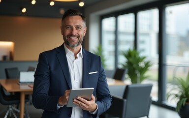 portrait of professional businessman standing in office. Happy middle aged businessman ceo wearing suit standing in office using digital tablet. High quality