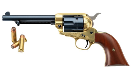 Isolated revolver gun with bullets, western-style firearm for shooting range practice