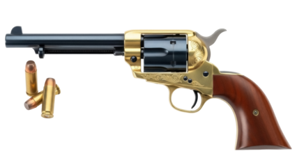 Isolated revolver gun with bullets, western-style firearm for shooting range practice