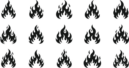 Flame fire vector icon set, black silhouette burning bonfire design elements, collection of flat flame shapes for heat logo, hot symbol sign, fire and burn illustration