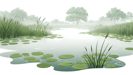 Serene pond with lily pads and grass isolated on a transparent background peaceful