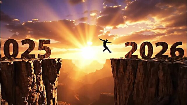 A human silhouette is mid air, jumping powerfully from the 2025 cliff toward the 2026 cliff. Motivation, Success, Challenge, Career Growth Digital Art.