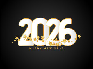 Happy new year 2026 modern text with golden stars background