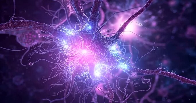 A vibrant depiction of a neuron s complex structure showcasing dendrites axons and synaptic connections in a colorful abstract style 4k video