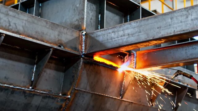 Dynamic medium shot of steel hull fabrication with MIG welding emphasizing the robust structural assembly and vivid sparks flying around the metal joints.