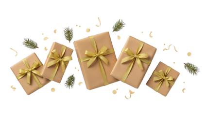 Four textured gift boxes wrapped in shiny gold ribbons, creating a sense of celebration isolated on transparent background