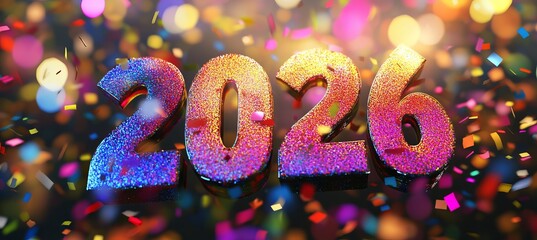 3d rendering of the word 2026 with colorful confetti and bokeh lights new year celebration