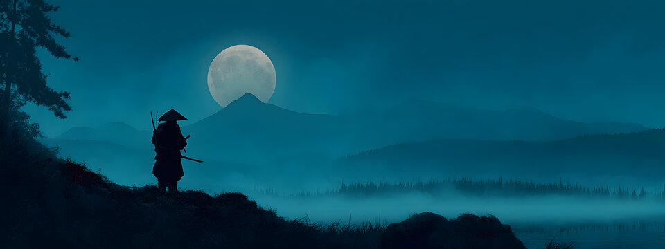 A solitary samurai warrior contemplates the vast, moonlit landscape from a misty hillside