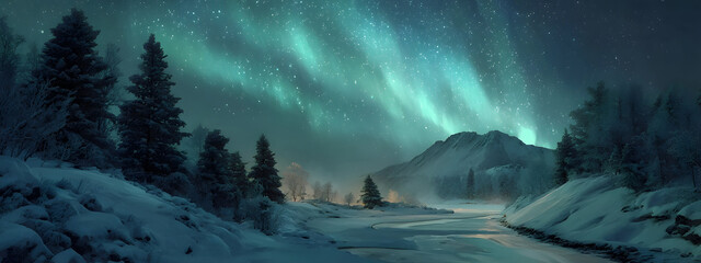 Aurora borealis paints the winter sky with vibrant green and blue hues above snow-covered trees and a frozen river