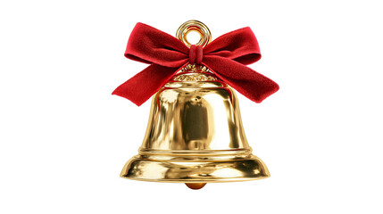 A shiny golden bell with red ribbon bow isolated on white background, a Christmas tree ornament, festive decoration concept, 3D realistic illustration.