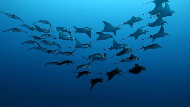 School of manta rays swim in blue ocean water, underwater scene.