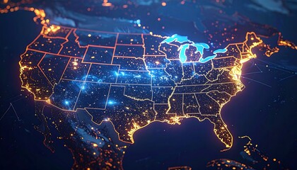USA outline, glowing cities, rendered in blue and orange, with lakes sparkling blue in a futuristic style