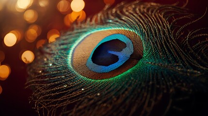 Obraz premium Vibrant peacock feather with stunning blue eye and golden bokeh