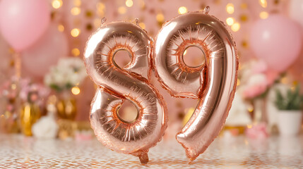 Rose gold eighty-nine foil balloons shimmer against a festive pink and gold party backdrop, celebrating a milestone birthday or special anniversary event