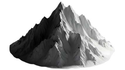 Snowy mountain peak with rugged terrain isolated on a transparent background