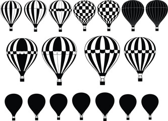 Hot air balloon silhouette vector illustration set, black and white travel design, adventure flight pattern, festival decoration, sky tourism concept art