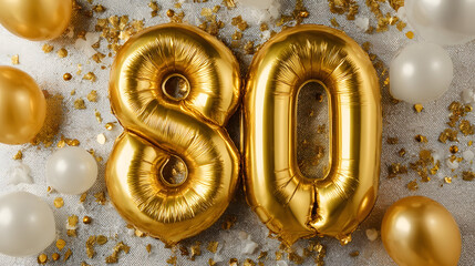 Golden '80' Foil Balloons for an 80th Birthday or Anniversary Celebration with Confetti and Party Decorations on a Festive Background