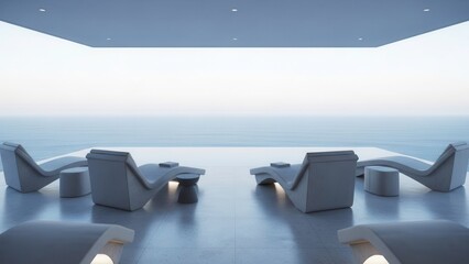 Modern oceanfront lounge with stylish seating and serene view