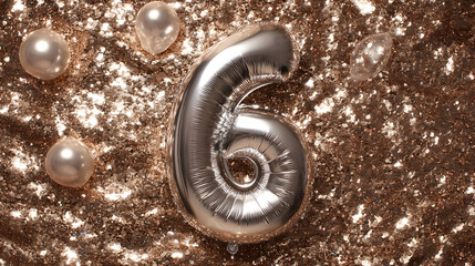 Shimmering silver number six foil balloon artfully placed on a radiant golden sequin background, ideal for celebrating a sixth birthday, anniversary, or special milestone party event