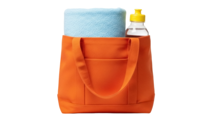 Isolated orange tote bag with towel and bottle for traveling or beach outings, ready to go