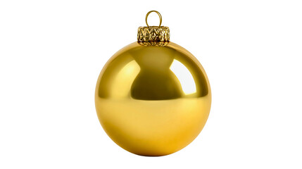 A glossy golden Christmas bauble isolated on white background, a shiny round festive ornament, 3D realistic holiday decoration sphere.