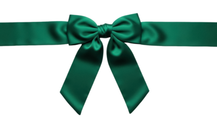 Isolated emerald green satin ribbon bow, festive wrapping decoration, elegant silk knot and bands