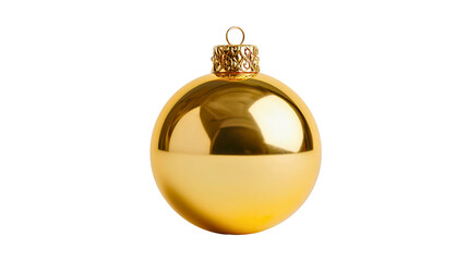 A shiny golden Christmas ball isolated on white background, a classic festive bauble ornament, 3D realistic sphere decoration cutout.